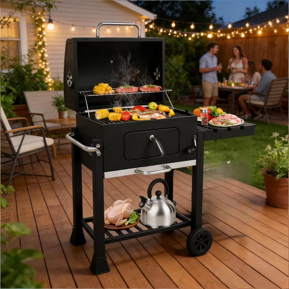 Heavy Duty Charcoal Grill with Foldable Side Table & Wheels 45.7in Outdoor BBQ Grill with Adjustable Coal Tray Lid Thermometer for Patio Backyard Tailgate Party Camping Garden Grilling Black