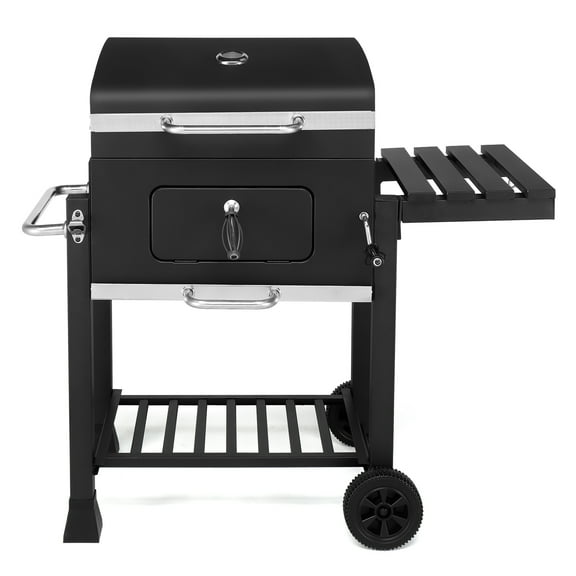 Heavy-Duty Charcoal Grill With Foldable Side Table & Wheels For Outdoor Use