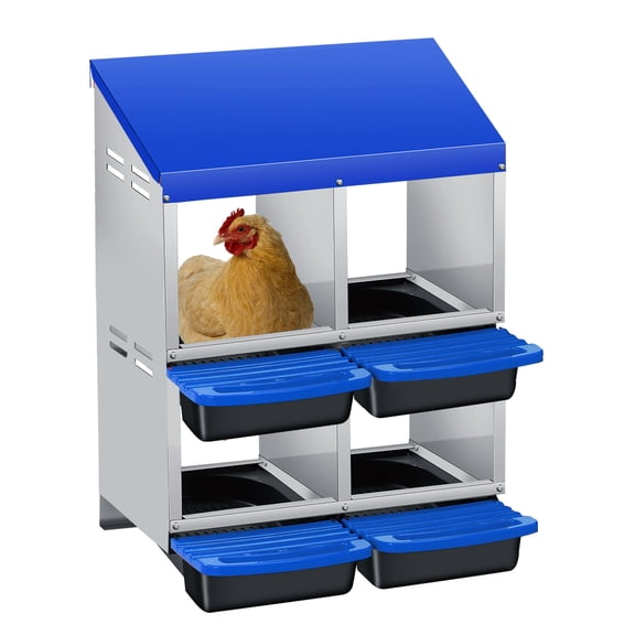 Heavy Duty Chicken Nesting Box - 4 Compartment Roll-Away Egg Collection, Galvanized Steel, Easy Wall Mount or Stand, Ventilated, Blue, Four-Compartment Double Layer