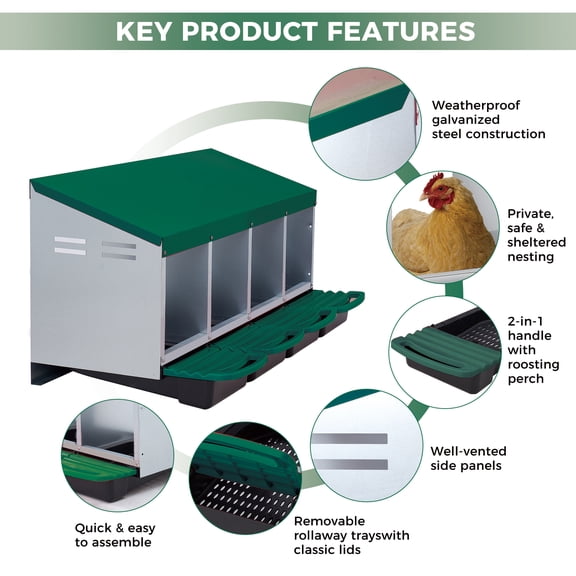 Heavy Duty Chicken Nesting Box – 4 Roll-Away Compartments, Automatic Egg Collection, Ventilated Galvanized Steel, Wall Mount or Stand, Pull-Out Trays, Green (Four Grids)