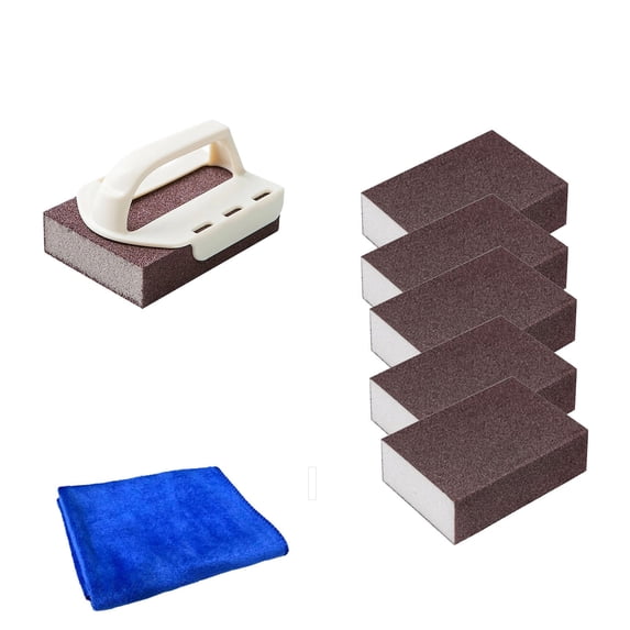 Heavy Duty Cleaning Sponge with Handle - Carborundum Emery Rust Eraser Scrubber for BBQ Grill Cleaning - Abrasive Scouring Pad for Cast Iron Pots Pans Glass Cooktop Ceramic Stovetop - 6 Pack