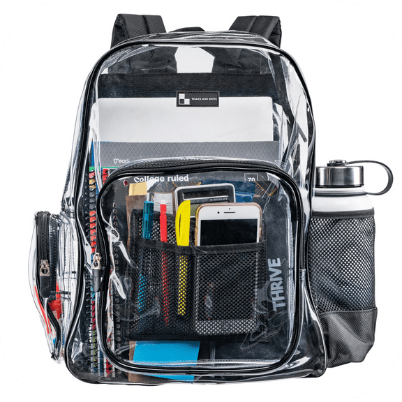 Heavy Duty Clear Backpack with Mesh Organizer, Clear Bookbag (Large, Black)