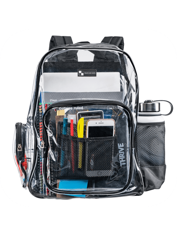 Heavy Duty Clear Backpack with Mesh Organizer, Clear Bookbag (Large, Black)