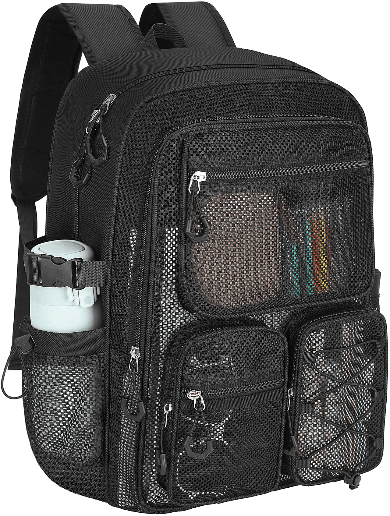 KOITHOT Mesh Backpack Heavy Duty, Stadium Approved Multi-Pocket Beach Backpacks for Adults, See Through Transparent Mesh Bookbag for School & Travel(Black)