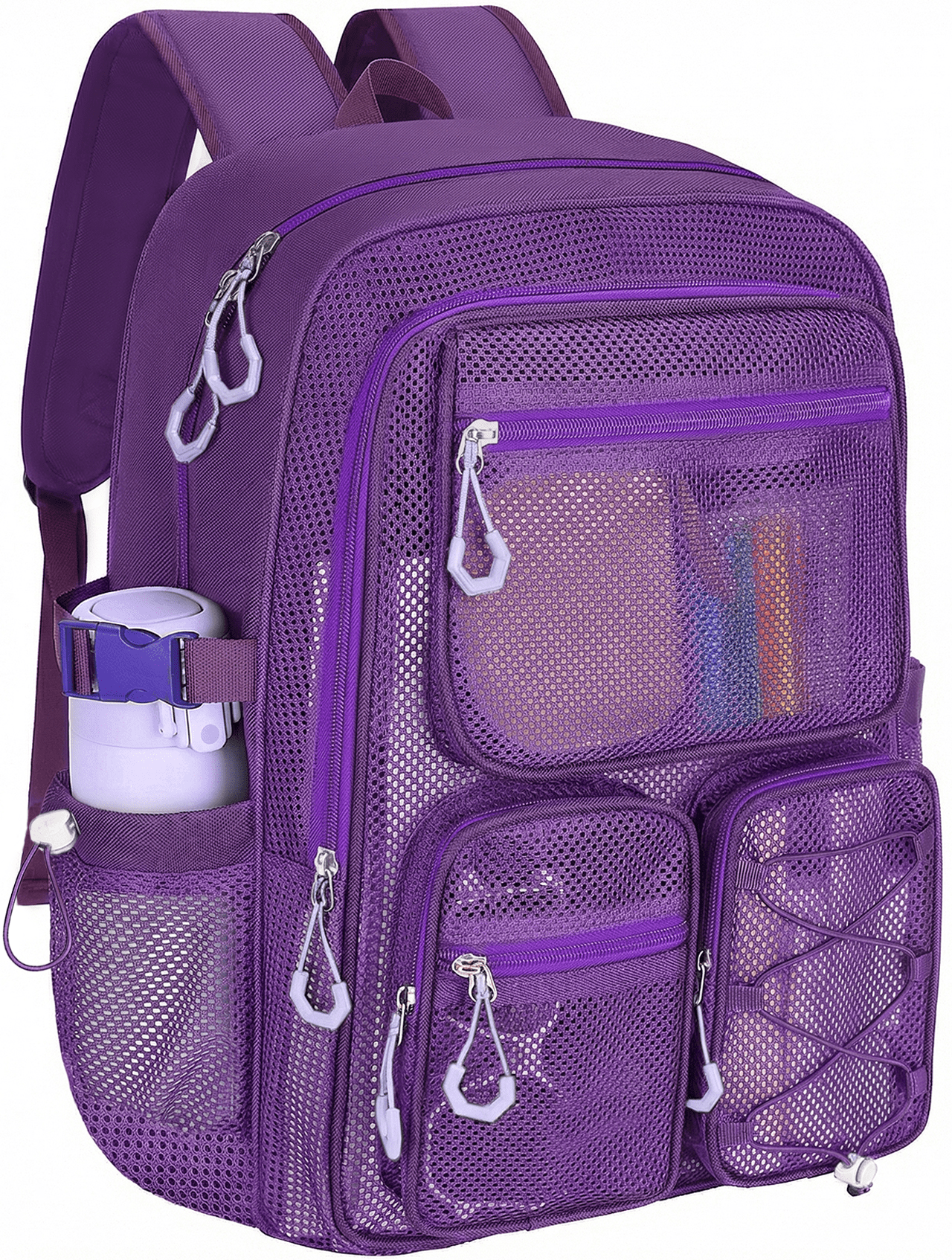 KOITHOT Mesh Backpack Heavy Duty, Stadium Approved Multi-Pocket Beach Backpacks for Adults, See Through Transparent Mesh Bookbag for School & Travel(Purple)