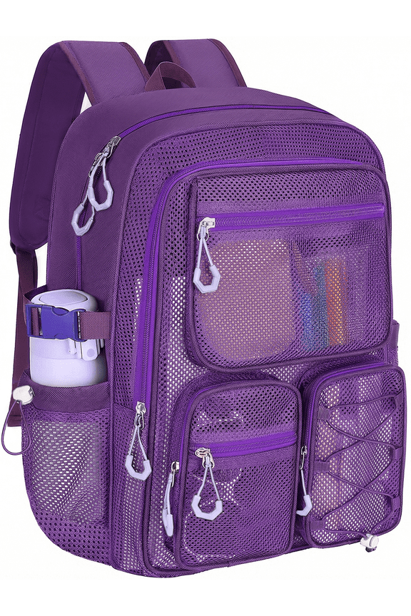 Mesh Backpack Heavy Duty, Stadium Approved Multi-Pocket Beach Backpacks for Adults, See Through Transparent Mesh Bookbag for School & Travel(Purple)