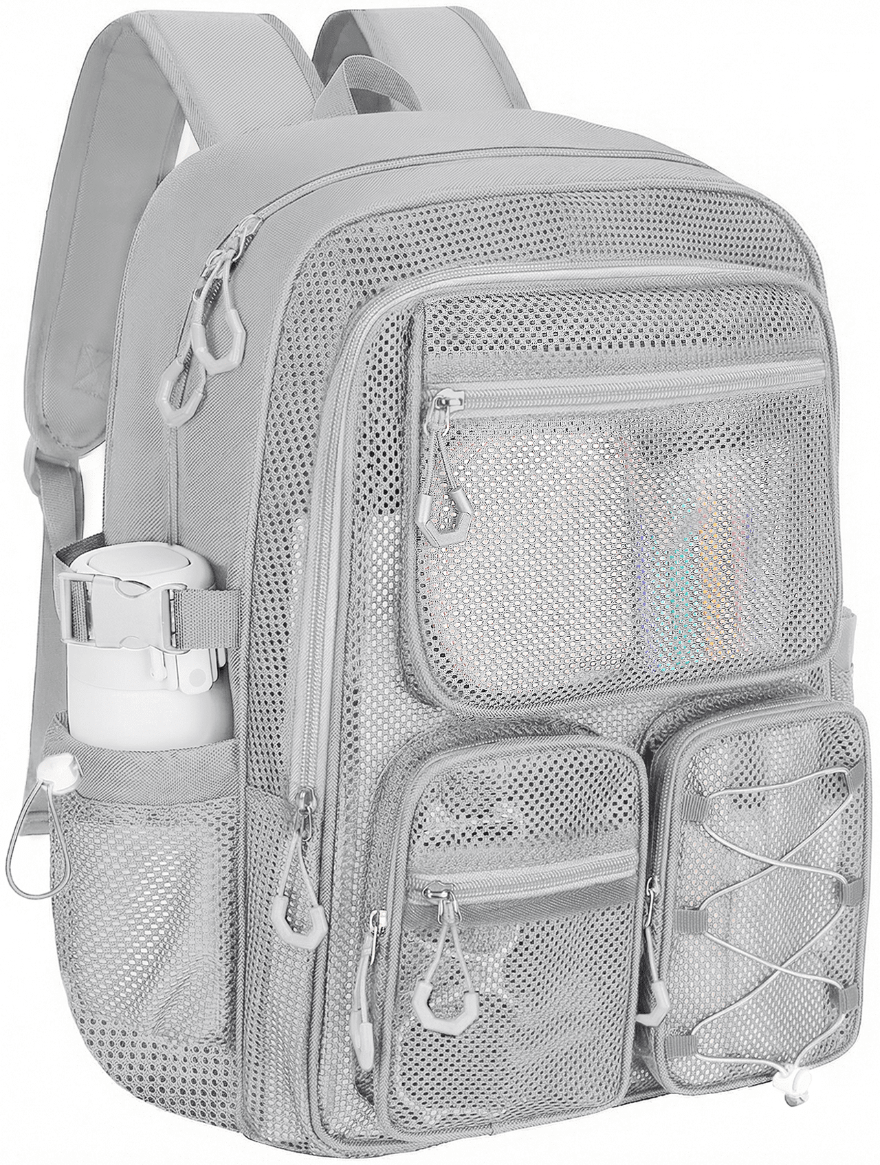 KOITHOT Mesh Backpack Heavy Duty, Stadium Approved Multi-Pocket Beach Backpacks for Adults, See Through Transparent Mesh Bookbag for School & Travel(Gray)