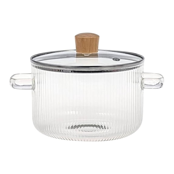 Heavy-Duty Clear Glass Cooking Pot with Wooden Handle, Double Eared Design, Heat-Resistant, Non-Stick, Versatile for Soup, Stewing, and More