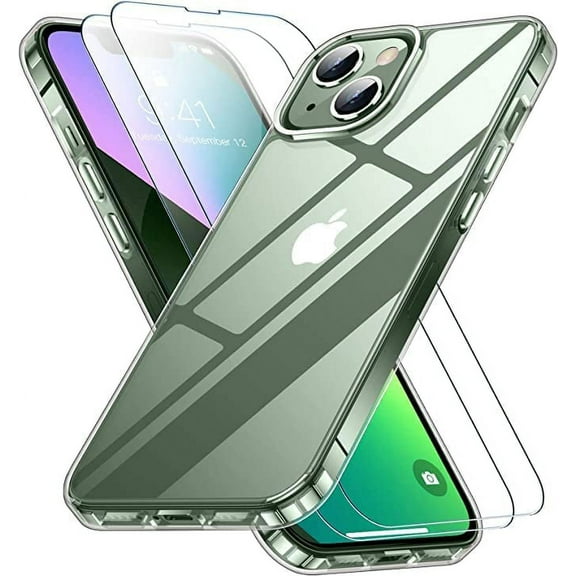 Heavy Duty Clear Phone Case Designed for Apple iPhone 14 Transparent Case with 2 Tempered Glass Screen Protector, Shockproof Dropproof Slim Clear Case for Apple iPhone 14