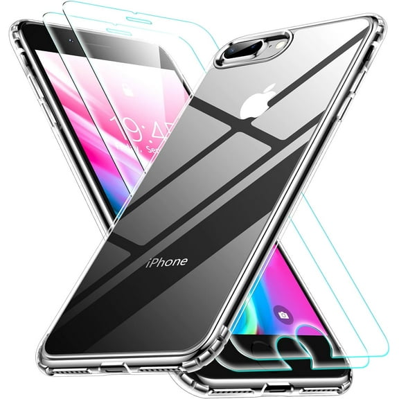 Heavy Duty Clear Phone Case Designed for Apple iPhone 8 Plus, 7 Plus, Transparent Case with 2 Tempered Glass Screen Protector, Shockproof Dropproof Slim Clear Case for Apple iPhone 8 Plus, 7 Plus,