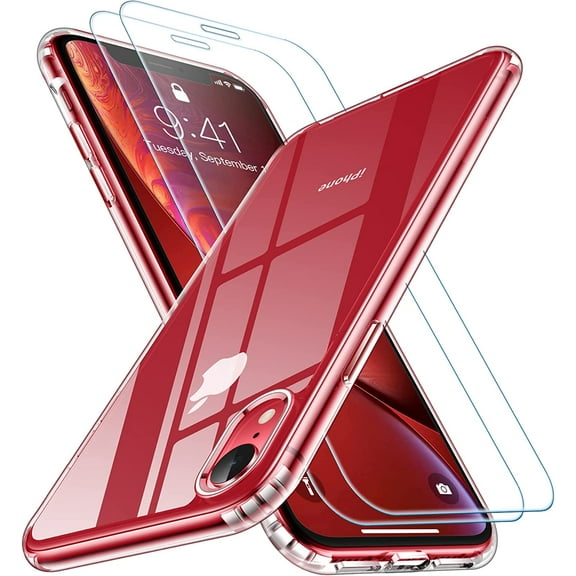 Heavy Duty Clear Phone Case Designed for Apple iPhone XR Transparent Case with 2 Tempered Glass Screen Protector, Shockproof Dropproof Slim Clear Case for Apple iPhone XR