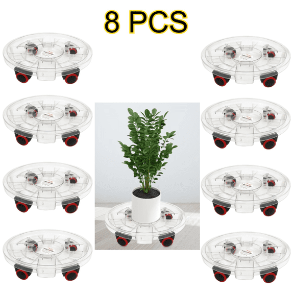 Heavy-Duty Clear Plant Caddy with Wheels, 8 Pcs Rolling Flower Pot Stand, 13" Outer Diameter Water Collection Plant Dolly for Large Indoor Outdoor Potted Plants, Mobile Pot Tray for Floor