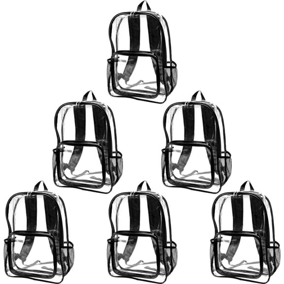Heavy Duty Clear Plastic Backpacks Set of 6, Bulk Pack - PVC, Water Resistant, Great for School, Travel - Clear/Black