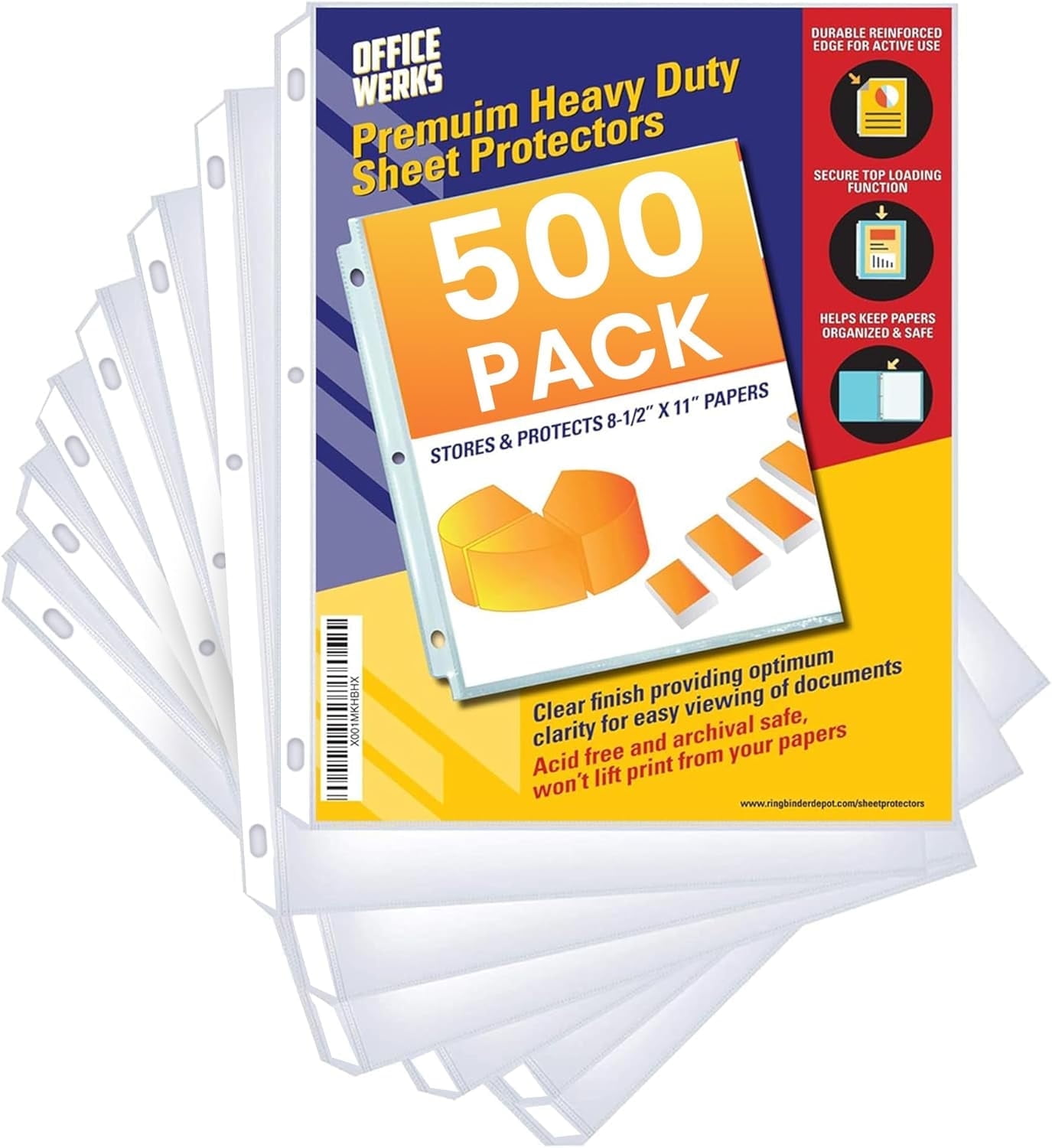 OFFICEWERKS Heavy Duty Clear Sheet Protectors, 8.5" x 11", 500 Pack, Top Load,Reinforced Holes, Acid-Free/Archival Safe