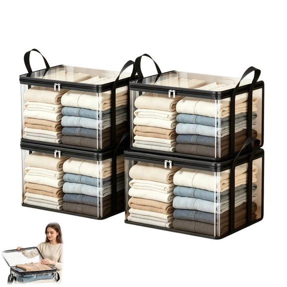 Heavy Duty Clear Storage Bag for Clothes, Large Foldable Storage Tote, Thick Plastic High Capacity Organizer for Home, Containers Dorm, Travel, Attic, Moving(4Pcs)