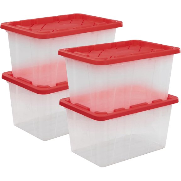 Heavy Duty Clear Storage Container & Snap-Tight Lid, Xtra Tall 27-Gallon, Black & Yellow, Weather-Resistant, Stackable, See-Through Organization Tote (28.5"L x 19.4"W x 15.2"H), Clear & Red