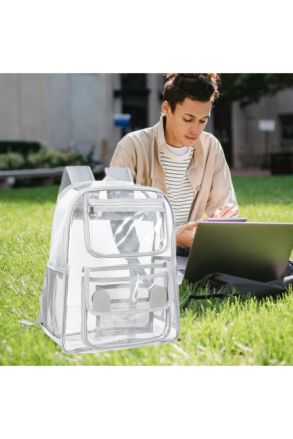 Heavy Duty Clear Transparent Backpack, Stadium Security Approved, Thick Vinyl Material, Reinforced Seams, Adjustable Leather Strap, Extra Zip Pocket, Gym Concert Sports Travel Mini Drawstring Bag