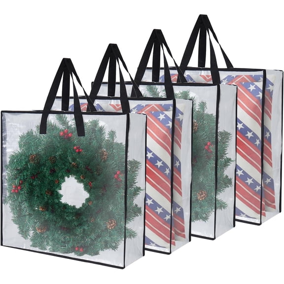 Heavy-Duty Clear Wreath Storage Bag & Sturdy Moving Box Alternative 26 Inch Large Capacity Container with Zipper for Christmas Decorations, Seasonal Wreaths, Clothes, Bedding,Gift (4-Pack)