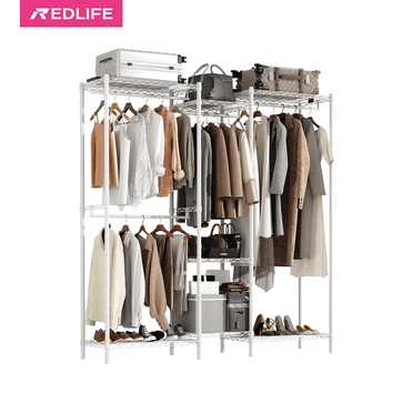 Heavy Duty Closet Clothes Rack, Wire Garment Rack with 4 Hanger Rods, Multi-Functional Bedroom Wardrobe Clothing Racks Freestanding Metal Closet - 4 Big & 3 Small Shelves, Load 650LBS, White