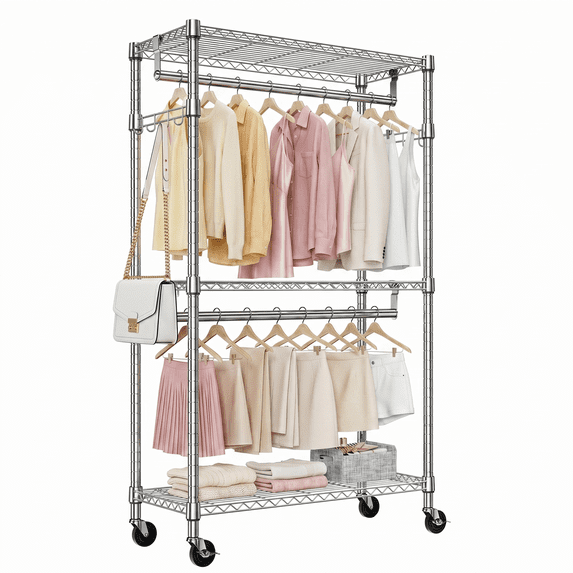 Heavy Duty Closet Garment Rack,3-Tier Adjustable Metal Freestanding Clothes Rack with 2 Rods and Side Hooks,Wheels,15.7" D x 29.5" W x 74.5" H,Chrome