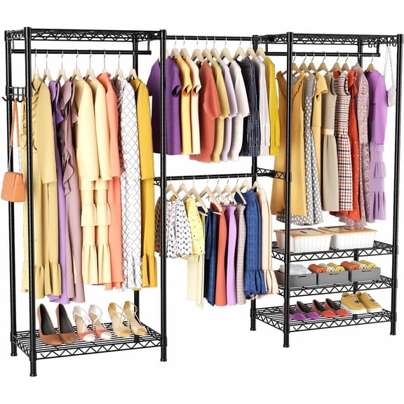 Heavy Duty Closet Garment Rack, 6 Tiers Adjustable Metal Freestanding Expandable Clothing Storage with 4 Hanger Rods, Easy to Assemble Wardrobe, 71.4" H x (70" - 88.2") L x 14" D, Black