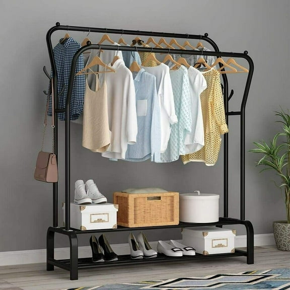 Heavy Duty Closet Organizer Metal 2Bar Garment Rack Clothes Hanger Storage Shoes