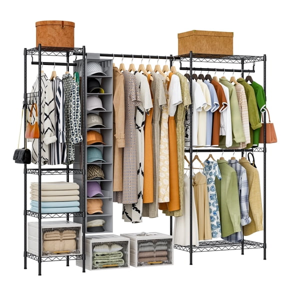 Heavy Duty Closet Organizer With Hat Organizer for Bedroom & Laundry Room - Adjustable Clothes Rack with 800lbs Capacity, Freestanding Garment Rack