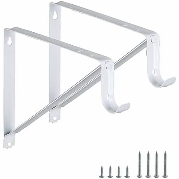 Heavy Duty Closet Rod Brackets 2 Pack, Wall Mounted Shelf Bracket with Rod Shelving Support, 11 x 9.5 in Shelves Support Brace with Hook, White with Screws