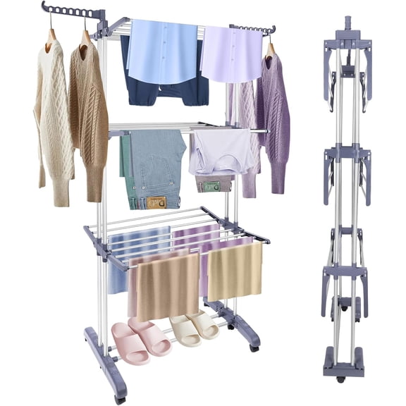 Heavy Duty Clothes Drying Rack, 4-Tier Foldable Laundry Drying Rack 70" Tall, Freestanding Stainless Steel Drying Rack with Collapsible Base & 24 Hanging Rods for Clothing, Bed Linens, Towels - Gray