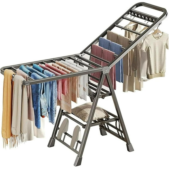 Heavy Duty Clothes Drying Rack Foldable with Wheels, 71'' Extra-Thick Metal Laundry Dryer Stand, 27 Rods Free-Standing for Indoor/Outdoor Windproof Use - Large Size