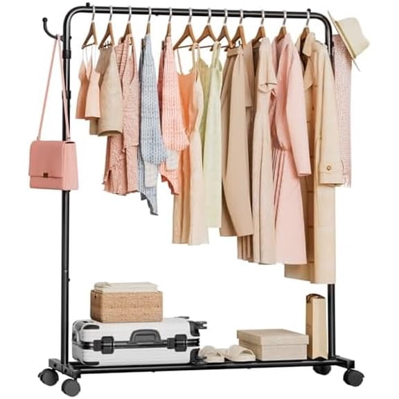 Heavy Duty Clothes Rack: 120lb Standing Garment Storage for Indoor - Rolling Hanging Rod for Bedroom Laundry Room - Coat Dress Organizer on Wheels with luggage shelf (Black, 46.5")