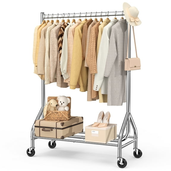 Heavy-Duty Clothes Rack with 420 LBS Load Capacity, Rolling Garment Rack with Lockable Wheels, Standing Metal Clothing Rack with Shelves, Portable Wardrobe Sturdy Coat Rack for Hanging Clothes