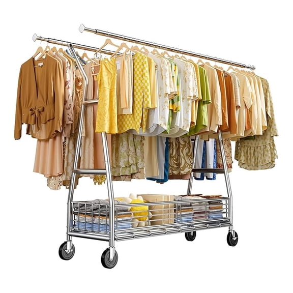 Heavy Duty Clothes Rack, 630LBS Clothing Rack with Sturdy Wheels and Shelves, Double Rods Clothing Racks for Hanging Clothes Portable Adjustable Garment Rack,