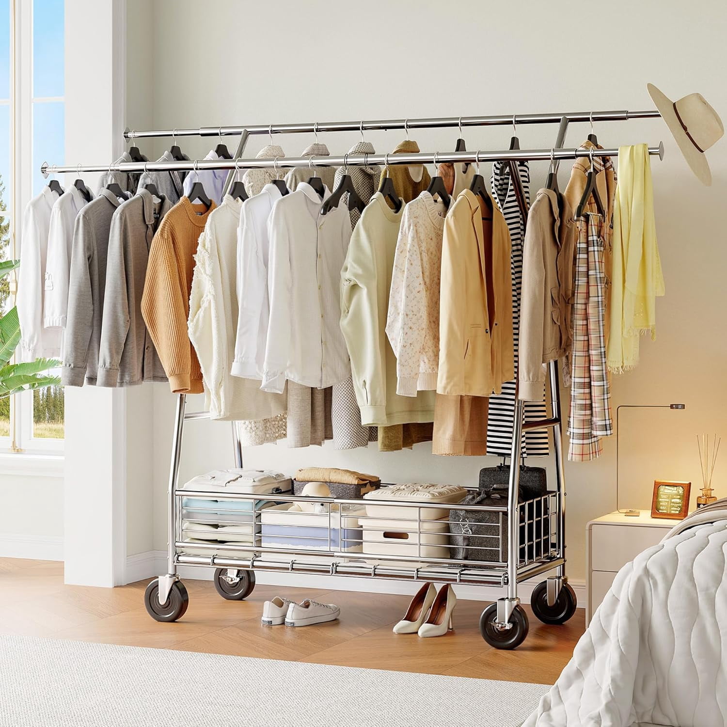 Heavy Duty Clothes Rack 630LBS with Double Rods and Storage Basket ...