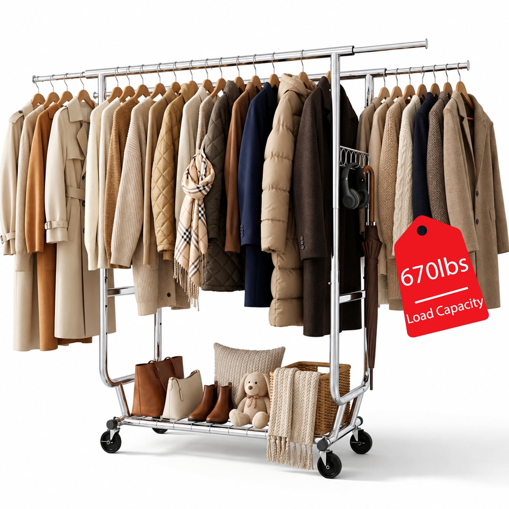 Laundry Rack Game Heavy Duty Clothes Rack 670 LBS, Rolling Garment Rack, Adjustable ...