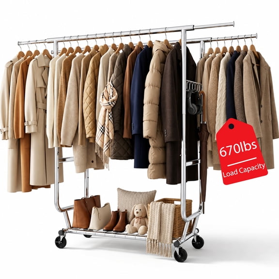 Heavy Duty Clothes Rack 670 LBS, Rolling Garment Rack, Adjustable Foldable