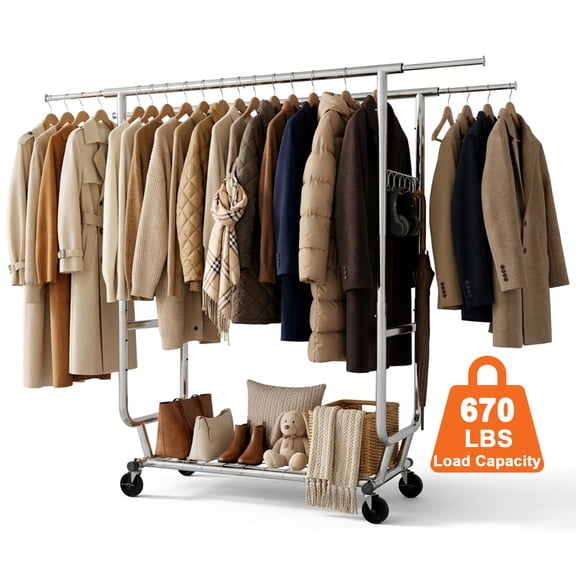 Heavy Duty Clothes Rack 670 LBS, Rolling Garment Rack, Adjustable Foldable