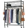 thumbnail image 1 of Heavy Duty Clothes Rack, Adjustable Rolling Garment Rack with Shelves, Freestanding Wardrobe Rack 1 Clothes Hanging Bar, 3 tired Wire Shelving, 4 Hanger Hooks - Hold Up to 400Lbs (Black, 1Rod 4Hook), 1 of 7
