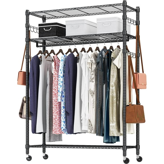 Heavy Duty Clothes Rack, Adjustable Rolling Garment Rack with Shelves, Freestanding Wardrobe Rack 1 Clothes Hanging Bar, 3 tired Wire Shelving, 4 Hanger Hooks - Hold Up to 400Lbs (Black, 1Rod 4Hook)