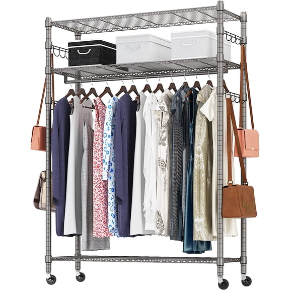 Heavy Duty Clothes Rack, Adjustable Rolling Garment Rack with Shelves, Freestanding Wardrobe Rack 1 Clothes Hanging Bar, 3 tired Wire Shelving, 4 Hanger Hooks - Hold Up to 400Lbs (Gray, 1Rod 4Hook)