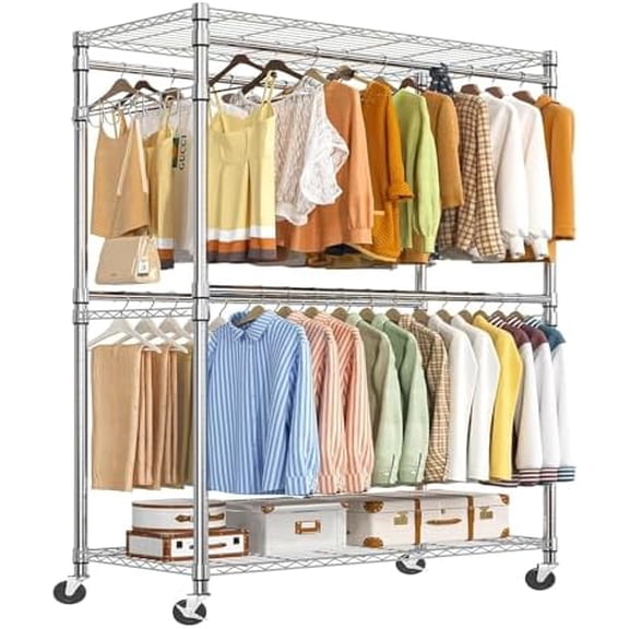 Heavy Duty Clothes Rack Clothing Rack with Wheels and 4 Hanging Rods, Adjustable Rolling Garment Racks, Load 560 LBS, Chrome