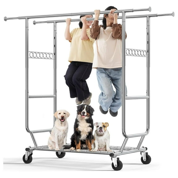 Heavy Duty Clothes Rack, Collapsible Garment Rack with Wheels - Double Rod Portable Closet Organizer with Shelves for Bedroom, Laundry Room, Store Double Pole with Shelf