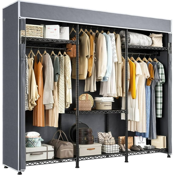 Heavy Duty Clothes Rack with Cover 800 LBS Clothing Racks for Hanging Clothes Portable Closet Freestanding Wadrobe Closet Wire Garment Rack 56" W* 16" D*75.5" H