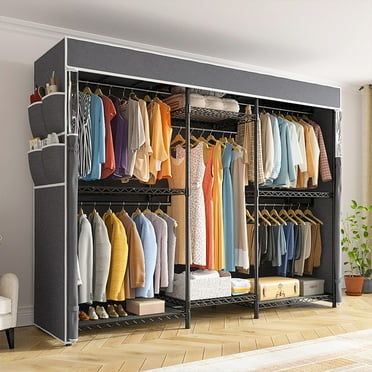 Heavy Duty Clothes Rack with Cover Loads 900LBS, Clothing Racks for Hanging Clothes, Freestanding& Adjustable Closet with Cover, Black, 74.9" Wx17.8 Dx76.9 H