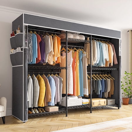 Heavy Duty Clothes Rack with Cover Loads 900LBS, Clothing Racks for Hanging Clothes, Freestanding& Adjustable Closet with Cover, Black, 74.9" Wx17.8 Dx76.9 H