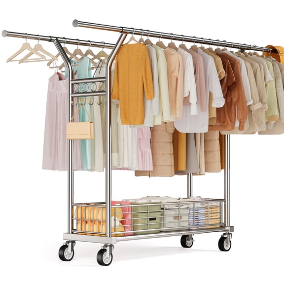Heavy Duty Clothes Rack - Double Rod Clothing Racks for Hanging Clothes, Portable & Adjustable Garment Rack with Wheels, Rolling Clothes Rack Load 670LBS for Bedrooms, Laundry, Closet (Sliver)