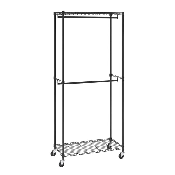 Heavy Duty Clothes Rack, Double Rod Rolling Garment Rack - 300Lbs Capacity, Adjustable Height, Top & Bottom Shelves - Bedroom, Closet, Retail Storage