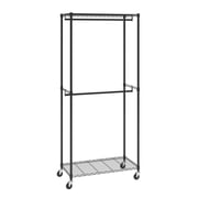 Heavy Duty Clothes Rack, Double Rod Rolling Garment Rack - 300Lbs Capacity, Adjustable Height, Top & Bottom Shelves - Bedroom, Closet, Retail Storage