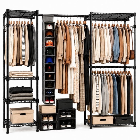 Heavy Duty Clothes Rack Expandable Metal Garment Rack with Adjustable Hanging Rods and Storage Shelves, Freestanding for Bedroom Laundry Room Closet, Black