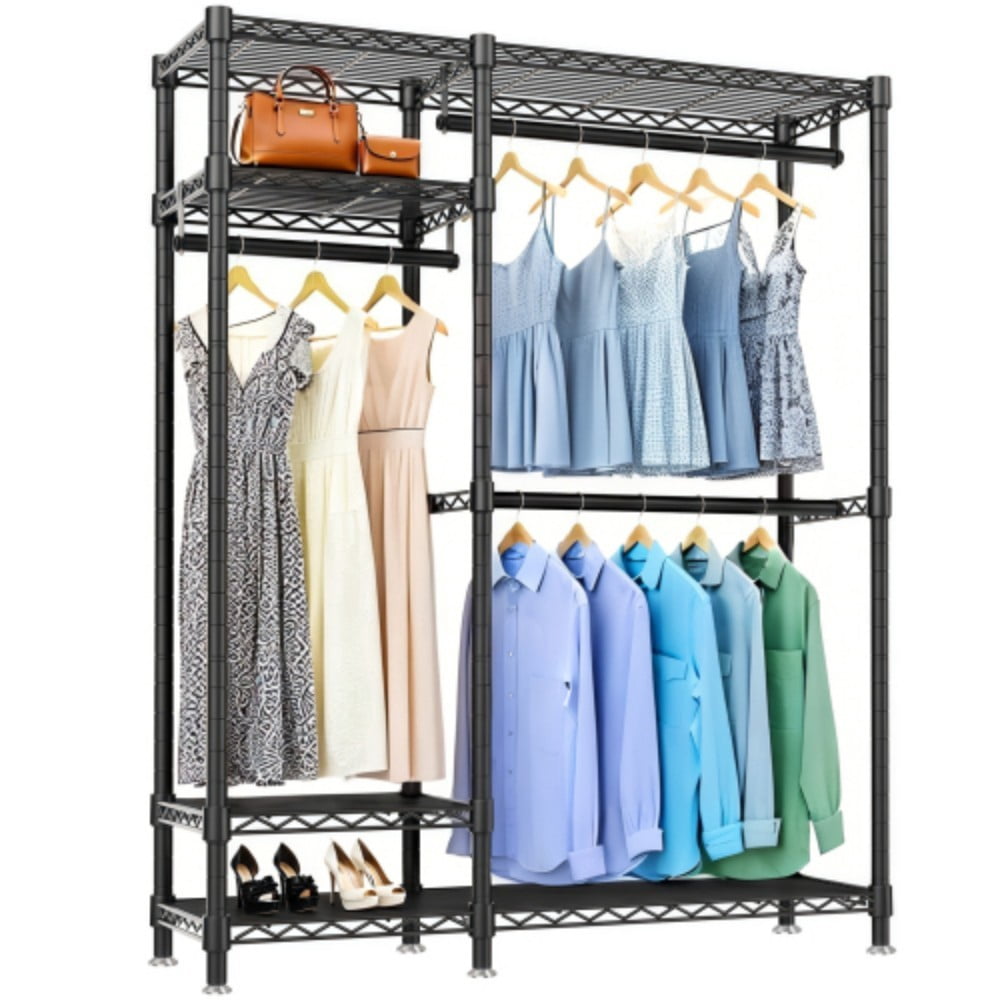 Heavy Duty Clothes Rack, Freestanding Closet Organizer with 6 Adjustable Wire Shelves & 3 Clothes Rails, Portable Metal Clothing Rack, Black